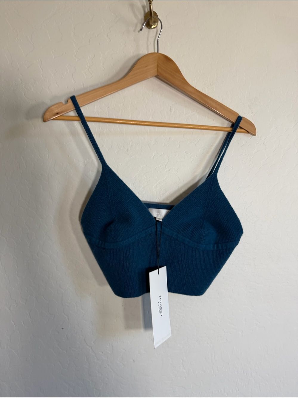 NWT MOUSSY VINTAGE Wool Blend Ribbed Bralette Crop Top Teal Blue L - Picture 1 of 3